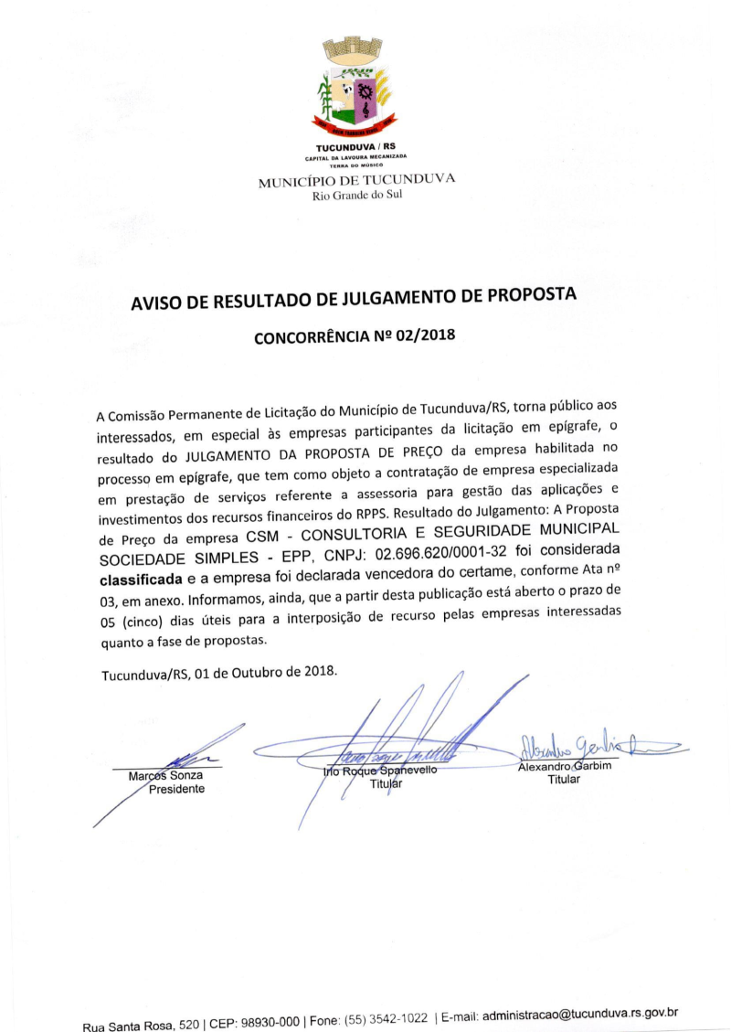 AVISO DE RESULTADO DE JULGAMENTO DE PROPOSTA - CONCORRÊNCIA Nº 02/2018